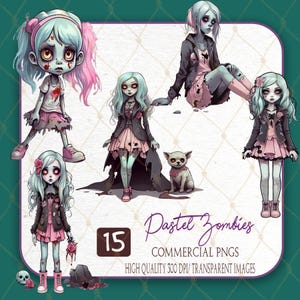 Pastel zombie girl clipart pack, Halloween zombie girl png, cute pastel goth digital design, zombie sticker, transparent png, sublimation