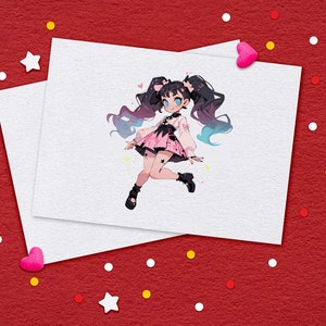 Puede incluir: Una ilustraci&oacute;n digital de un personaje de dibujos animados con cabello negro largo, vistiendo un vestido rosa y negro con cuello blanco y botas negras. El personaje tiene ojos azules y un coraz&oacute;n rosa en la mejilla.