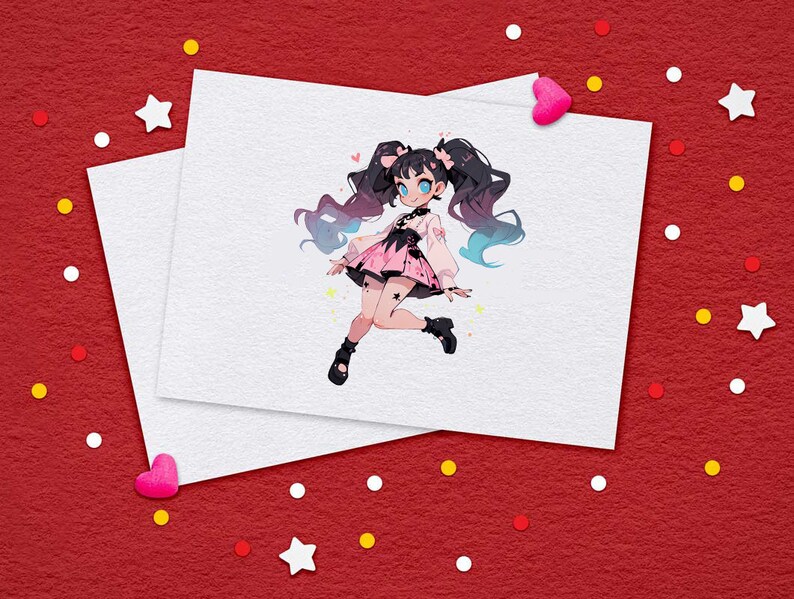 Puede incluir: Una ilustraci&oacute;n digital de un personaje de dibujos animados con cabello negro largo, vistiendo un vestido rosa y negro con cuello blanco y botas negras. El personaje tiene ojos azules y un coraz&oacute;n rosa en la mejilla.