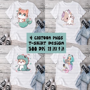 Cute cartoon PNG bundle, cartoon cat dino digital sticker file, t-shirt for kids, digital download clipart pack, cartoon dino, mermaid PNG