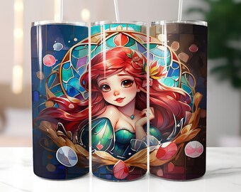 Envoltura de vaso y taza de Ariel, vaso y taza inspirados en la sirenita png, descarga digital, transferencia de sublimación, ventana de vidrio Ariel png