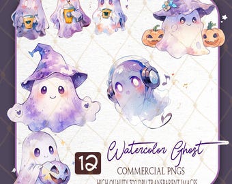 Paquete de imágenes prediseñadas de Halloween con acuarela, imágenes prediseñadas espeluznantes en colores pastel, imágenes prediseñadas de calabaza, PNG de Halloween para niños, pequeño fantasma lindo, imágenes prediseñadas de fantasmas png