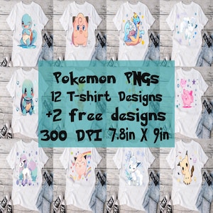 Lot Pokémon PNG, Mimikyu, Carapuce, t-shirt design numérique Jigglesouffle, lot png en téléchargement numérique, pack de 12 autocollants design, pack t-shirt