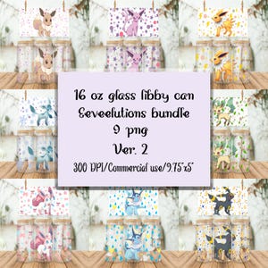 May include: A set of 9 digital designs featuring different Eevee evolutions. Each design is a 16 ounce glass libby can with a different Eevee evolution on it. The designs are 300 DPI and can be used for commercial purposes. The designs are 9.75 inches by 5 inches.