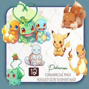 May include: A collection of colorful Pokemon character PNG images. The images include Charmander, Bulbasaur, Squirtle, Pikachu, and Eevee. The text on the image says "Pokemon", "Commercial PNGs", and "High Quality 300 DPI/ Transparent Images".