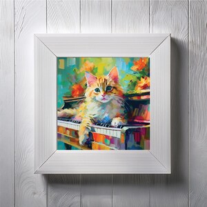 Whimsical Piano Cat Art Poster: Colorful Feline Home Decor