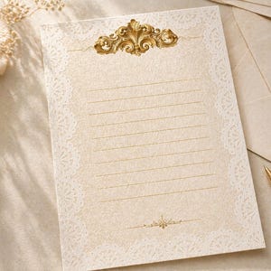 Puede incluir: Juego de papelería color crema con un diseño de filigrana dorada decorativa en la parte superior e inferior. El papel rayado está rodeado por un delicado borde de encaje. Un bolígrafo dorado, un sello de cera y sobres completan el elegante conjunto.