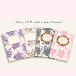 Puede incluir: Cuatro cuadernos con diseños florales y etiquetas en blanco. Los cuadernos presentan diferentes patrones florales en tonos morados, rosas y grises. El texto dice "8 Designs • A4 Printable • Instant Download".