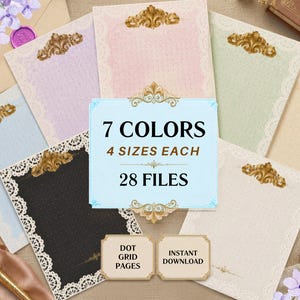 Puede incluir: Una colección de siete páginas de papelería en varios colores incluyendo negro, blanco, azul, rosa y verde, cada una con un encabezado dorado ornamentado, bordes de encaje blanco y un patrón de puntos. El texto dice 7 COLORS, 4 SIZES EACH, 28 FILES, DOT GRID PAGES, INSTANT DOWNLOAD.