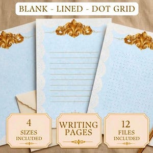 Blue Rococo Journal Paper Pack | Baroque Stationery Set | Lined Blank Dot Grid | Sky Blue Vintage Lace Writing Paper | 12 Files | Download