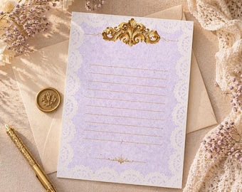 Papier à lettres lilas rococo à imprimer | Papeterie lignée baroque romantique | Papier à lettres dentelle vintage | Pages de journal lavande | Télécharger