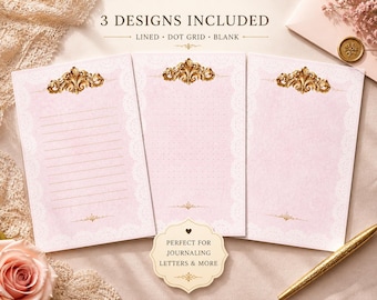 Roze Rococo Notitieboekpapierpakket | Barok Briefpapierset | Blanco Lijntjes met Stippenraster | Roze Vintage Kant Schrijfpapier | 12 Bestanden | Downloaden