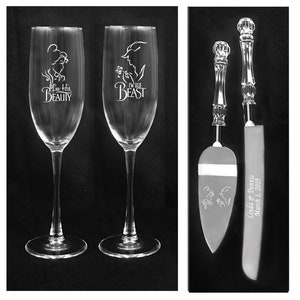 May include: A set of two champagne flutes and a cake server with engraved images of Belle and the Beast from the Disney movie Beauty and the Beast. The flutes are engraved with "I'm His Beauty" and "I'm Her Beast". The cake server is engraved with the couple and the text "Linda & Dennis March 1, 2019".