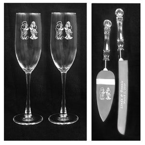 Engraved Mickey Minnie Mouse  Fairy Tale Disney Wedding Glasses and Knife Set Personalized FREE SHIPPING