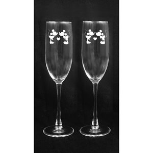 Engraved Mickey Minnie Mouse Heart Fairy Tale Disney Wedding Glasses and Knife Set Personalized FREE SHIPPING