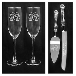 Engraved Stitch Angel Lilo  Wedding Glasses and Knife Set Personalized FREE SHIPPING