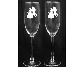 Engraved Beauty and the Beast Fairy Tale Disney Wedding Glasses  Personalized FREE SHIPPING