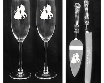 Engraved Beauty and the Beast Dancing Wedding Glasses and Knife Set, Personalized