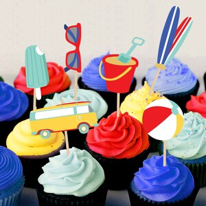 INSTANT DOWNLOAD Beach Birthday Cupcake Topper Party Picks - Pool Party Decorations - Surf Birthday Party Cupcake Toppers - Beach Ball Picks