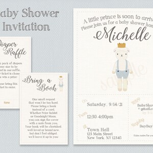 May include: A baby shower invitation with a blue and white color scheme. The invitation features a cute cartoon lamb wearing a crown and blue overalls. The text on the invitation reads "A little prince is soon to arrive... Please join us for a baby shower honoring Michelle".