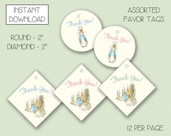 INSTANT DOWNLOAD - Peter Rabbit Favor Tags - Baby Shower Favor Tags - Beatrix Potter Baby Shower Favor Tags - 2" Round - 2" Diamond