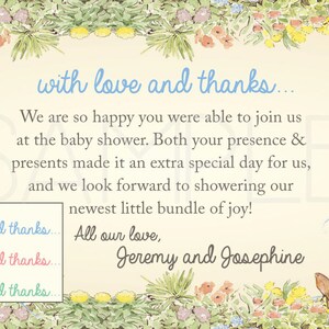 May include: A light blue and white baby shower thank you card with a floral border. The card features illustrations of Peter Rabbit, a squirrel, and an owl. The text reads "with love and thanks... We are so happy you were able to join us at the baby shower. Both your presence & presents made it an extra special day for us, and we look forward to showering our newest little bundle of joy! All our love, Jeremy and Josephine."