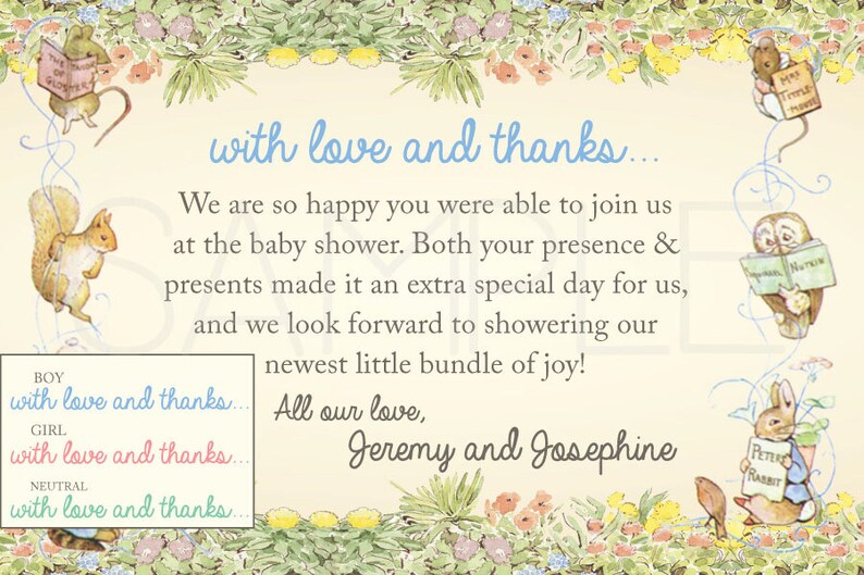 May include: A light blue and white baby shower thank you card with a floral border. The card features illustrations of Peter Rabbit, a squirrel, and an owl. The text reads "with love and thanks... We are so happy you were able to join us at the baby shower. Both your presence & presents made it an extra special day for us, and we look forward to showering our newest little bundle of joy! All our love, Jeremy and Josephine."
