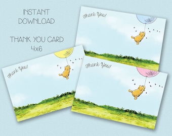 INSTANT DOWNLOAD - Winnie the Pooh Thank You Card - Blank - Classic Pooh Thank You Note - Baby Shower or Birthday - 3 colors