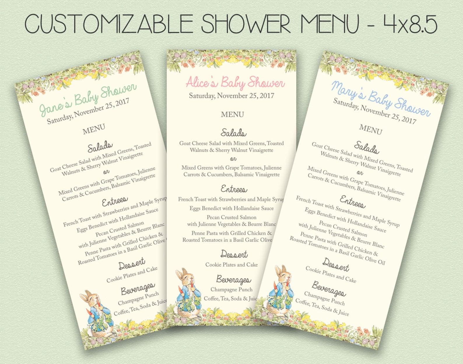 Peter Rabbit Menu Baby Shower - Vintage Beatrix Potter Theme, Beatrix ...