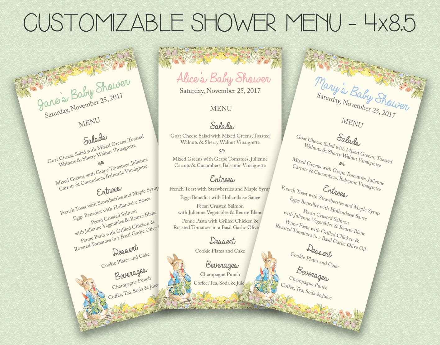 Peter Rabbit Menu Baby Shower - Vintage Beatrix Potter Theme, Beatrix ...