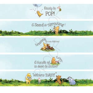 May include: Winnie the Pooh themed baby shower favor tags with blue and green backgrounds. The tags feature Winnie the Pooh and his friends with sayings like "Ready to POP!" and "A Seed is Sprouting!"