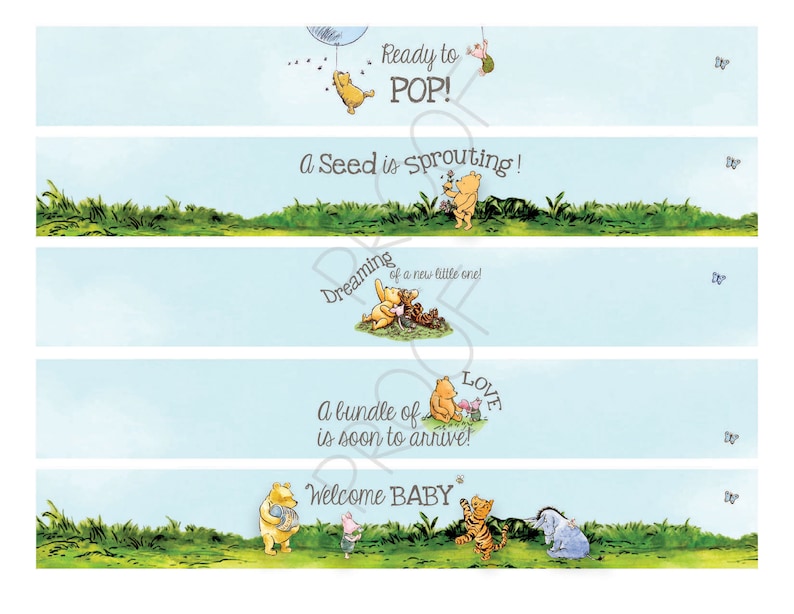 May include: Winnie the Pooh themed baby shower favor tags with blue and green backgrounds. The tags feature Winnie the Pooh and his friends with sayings like "Ready to POP!" and "A Seed is Sprouting!"