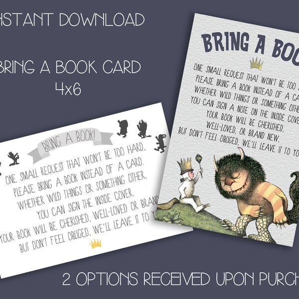 INSTANT DOWNLOAD - Where the Wild Things Are Bring a Book Card - Blank - Wild Things Bring a Book - Baby Shower or Birthday - 2 options