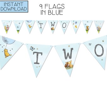 Winnie the Pooh 2nd Birthday Banner, Blue Party Decor (Instant Download)
