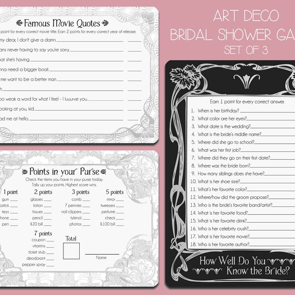 INSTANT DOWNLOAD - Art Deco Games Bridal Shower Games - Movie Quotes, How Well Do You Know The Bride, Points in your Purse - Nouveau Silver