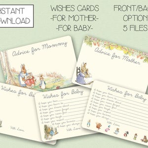 INSTANT DOWNLOAD - Peter Rabbit Wünsche Karten Themen Baby Dusche Wünsche für Baby-Karten-Beratung für Mutter Ratschläge für Mama - 5 Dateien - 4 x 6