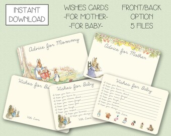 INSTANT DOWNLOAD - Peter Rabbit Wishes Cards Themed Baby Shower Wishes for Baby Cards Advice for Mother Advice for Mommy - 5 files - 4x6