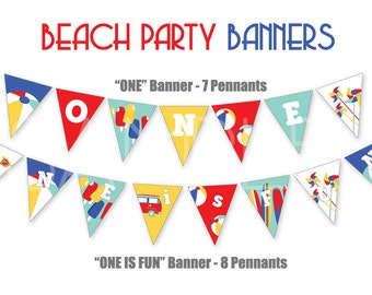 Beach Birthday Party Banner - One is Fun! 7 or 8 flags - Vintage Pool Party Decorations -Surf Party Diamond Garland - Digital Only