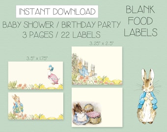 INSTANT DOWNLOAD - Peter Rabbit Food Labels Blank Baby Shower Birthday Party - Vintage Beatrix Potter Theme, Beatrix Potter --- Fold Over