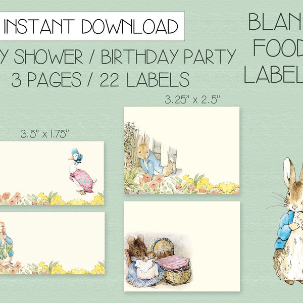 DOWNLOAD ISTANTANEO - Peter Rabbit Food Labels Blank Baby Shower Birthday Party - Vintage Beatrix Potter Theme, Beatrix Potter Food Label