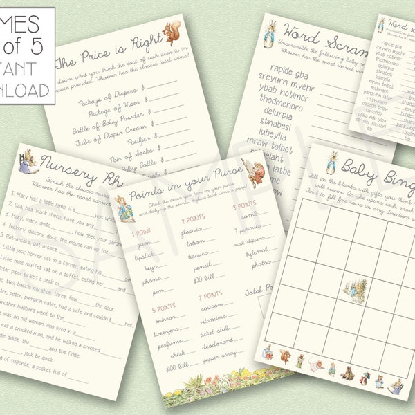 INSTANT DOWNLOAD - Peter Rabbit Games Baby Shower Games - Bingo, Word Scramble, Nursery Rhyme, Price is Right, Points in your Purse