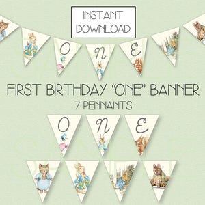INSTANT DOWNLOAD - Peter Rabbit Banner - Peter Rabbit Birthday Banner Age One - First Birthday Banner - One Banner - Peter Rabbit Decoration
