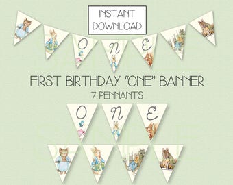 INSTANT DOWNLOAD - Peter Rabbit Banner - Peter Rabbit Birthday Banner Age One - First Birthday Banner - One Banner - Peter Rabbit Decoration