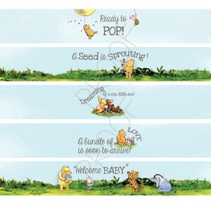 May include: Winnie the Pooh themed baby shower favor labels with blue and green backgrounds. The labels feature Winnie the Pooh and his friends with text that says "Ready to POP!", "A Seed is Sprouting!", "Dreaming of a new little one!", "A bundle of love is soon to arrive!" and "Welcome Baby!"