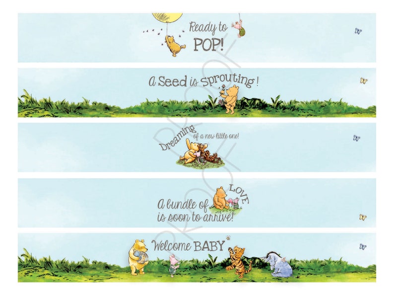 May include: Winnie the Pooh themed baby shower favor labels with blue and green backgrounds. The labels feature Winnie the Pooh and his friends with text that says "Ready to POP!", "A Seed is Sprouting!", "Dreaming of a new little one!", "A bundle of love is soon to arrive!" and "Welcome Baby!"