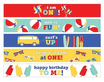 Beach Birthday Water Bottle Labels - Surf Party Wraps (Instant Download)