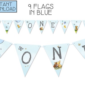 SOFORTIGER DOWNLOAD - Winnie The Pooh Banner * blau * 9 Flaggen - jungen Pooh ersten Geburtstagsparty - Winnie The Pooh ersten Geburtstag Dekorationen