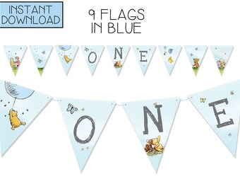 Blue Winnie the Pooh 1st Birthday Banner - 9 Flags (Instant Download)