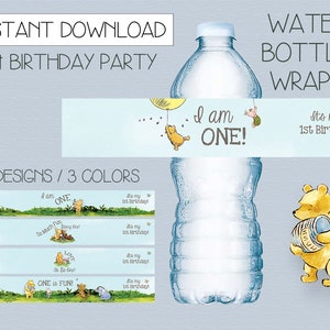INSTANT DOWNLOAD Classic Winnie the Pooh Water Bottle Wraps Labels Original Pooh Piglet Tigger Eeyore 1st Birthday Party 5 designs Favor