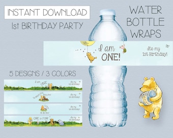 Winnie the Pooh 1st Birthday Water Bottle Labels (Instant Download)